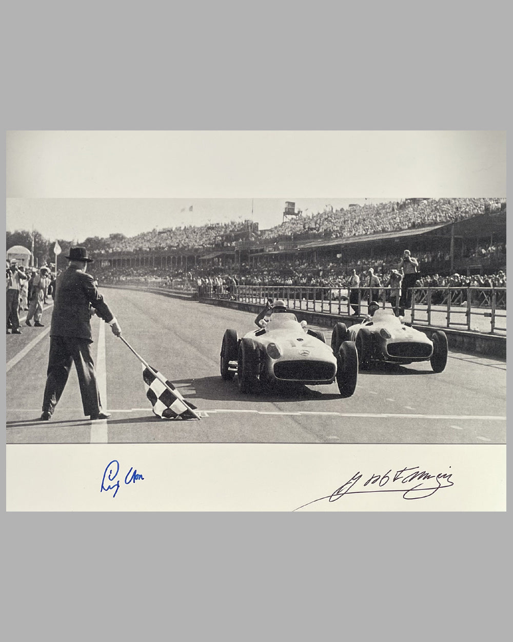 Mercedes wins the 1955 British Grand Prix photograph, autographed by Moss & Fangio