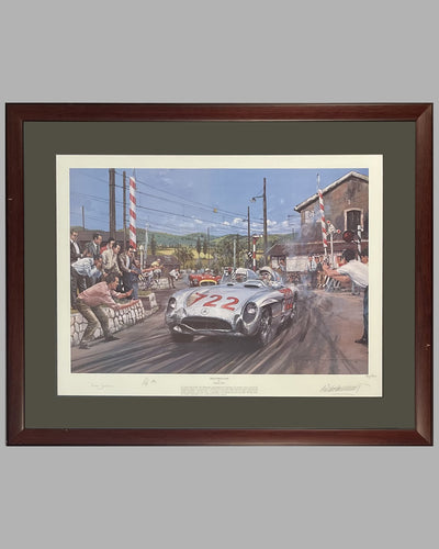 Mille Miglia 1955 print by Nicholas Watts, autographed by Moss and Jenkinson