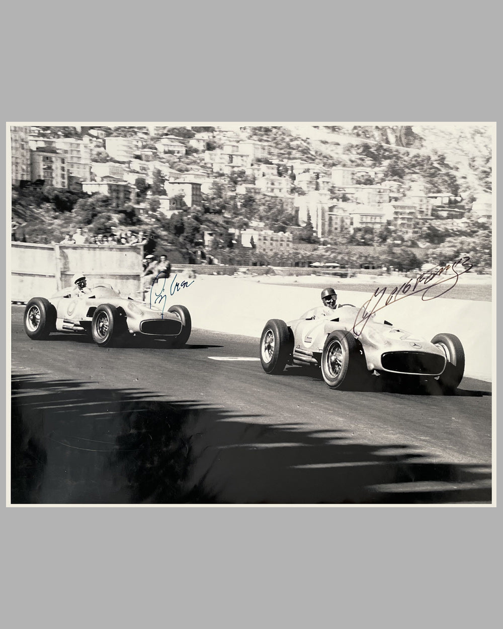 Monaco 1955 b&amp;w photo by Fernando Gomez, autographed by Fangio and Moss