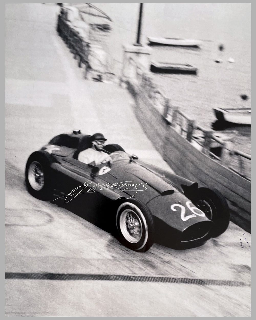 1956 Grand Prix of Monaco b&amp;w photograph by Fernando Gomez, autographed by Juan Manuel Fangio