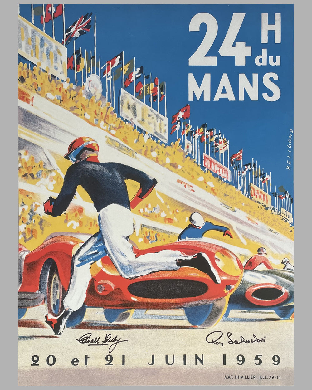 1959 - 24 Heures du Mans official ACO reproduction event poster autographed by the winners Shelby and Salvadori