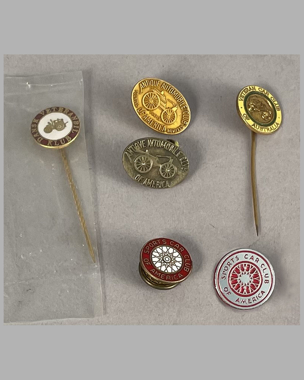 6 vintage car club lapel pins from the personal collection of Briggs Cunningham