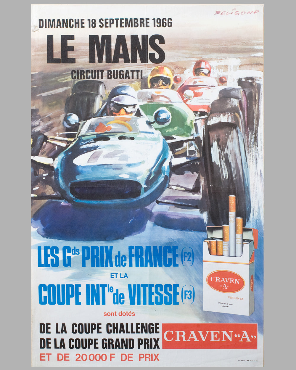 1966 Grand Prix de France Formula 2 race at Circuit Bugatti in Le Mans, original poster by Beligond