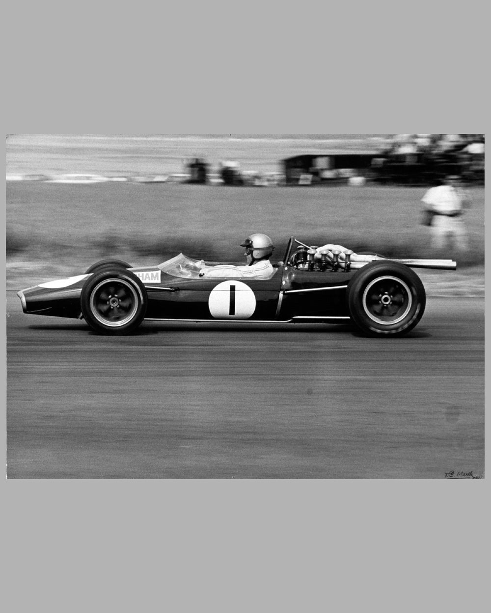 1967 Silverstone period b&amp;w photo of Jack Brabham by T. C. March