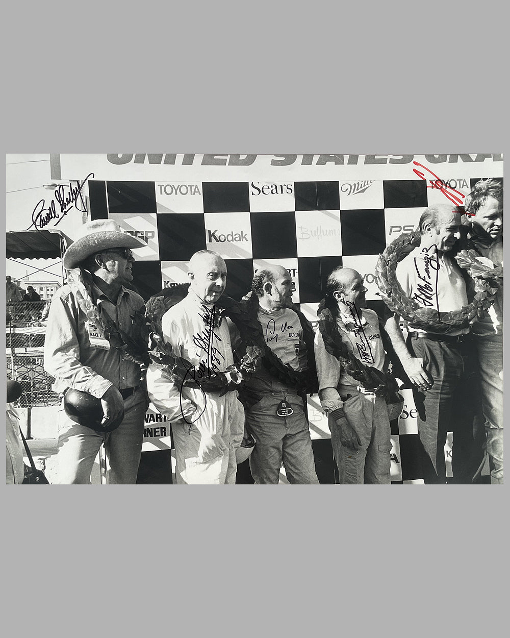 1976 Long Beach Grand Prix b&amp;w photograph by Fernando Gomez, autographed by 6 drivers