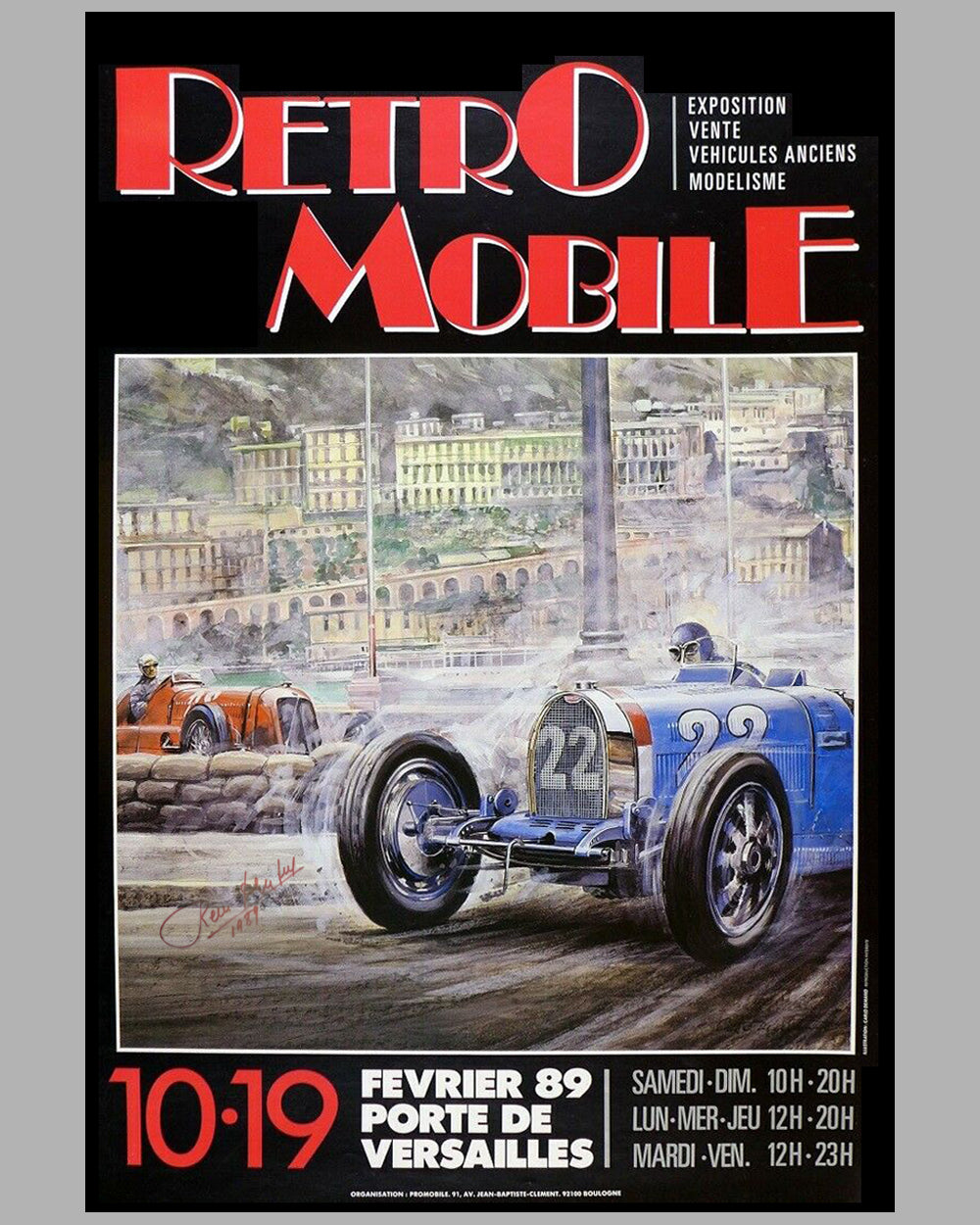 Retromobile event poster by Carlo Demand, autographed by Rene Dreyfus