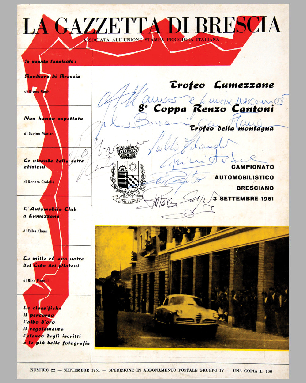 8th Coppa Renzo Cantoni Road Rally program, Sept. 1961, Autographed by drivers
