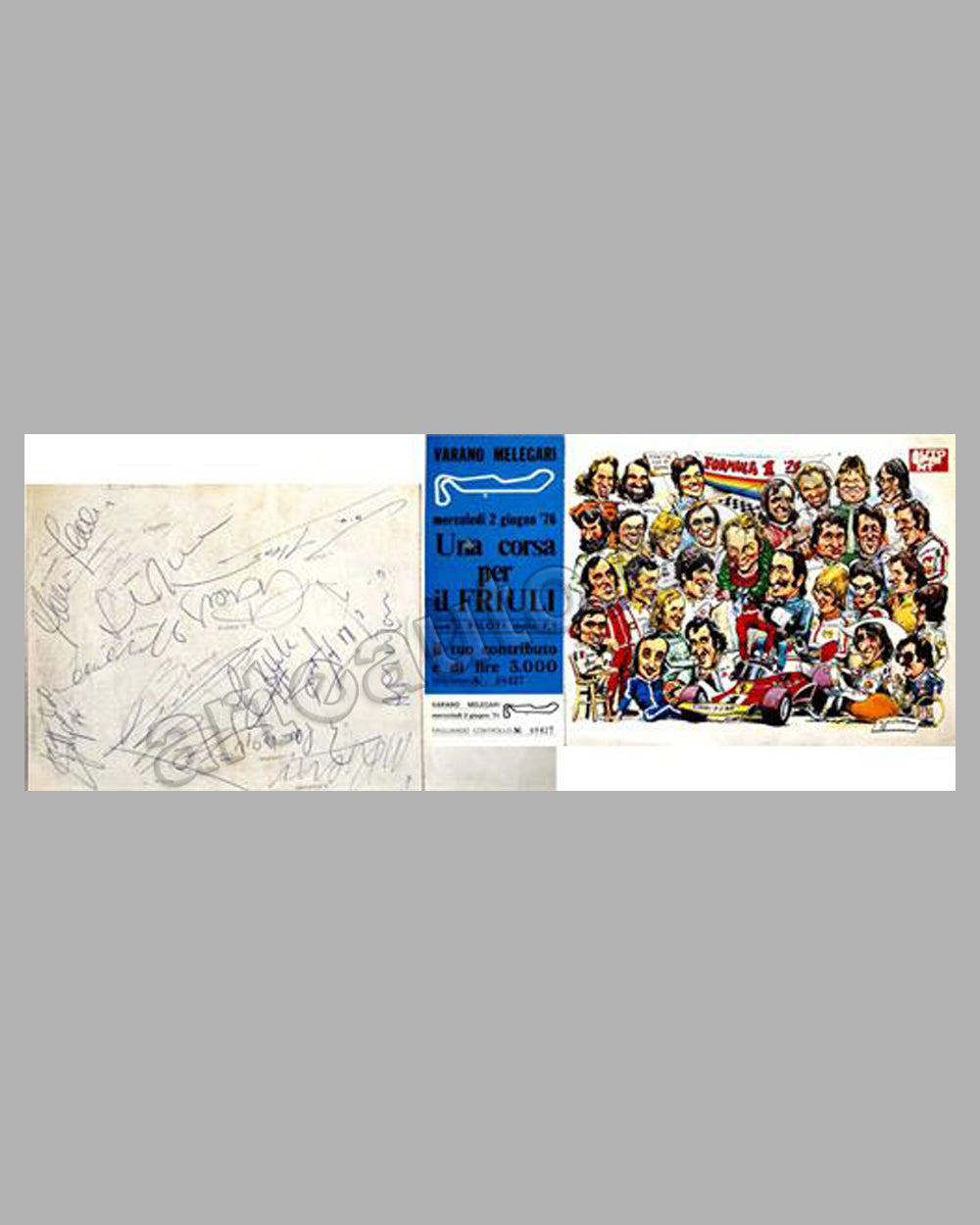 Una corsa per il Friuli-1976 admission ticket with souvenir print, fourteen autographs