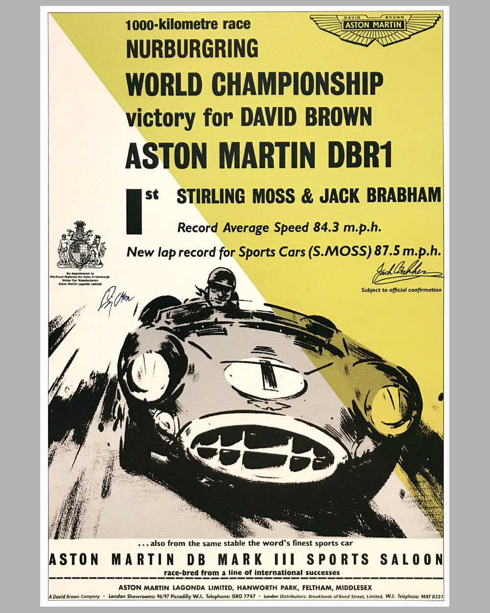1958 - 1000 KM of Nurburgring Aston Martin victory poster autographed by Moss & Brabham