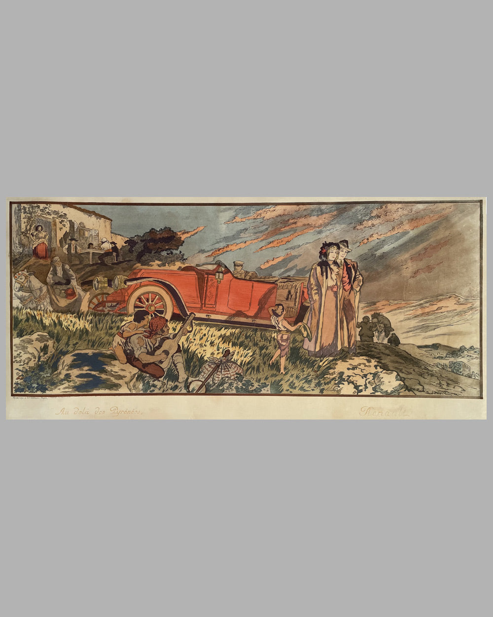 &quot;Au delà des Pyrénées&quot; hand colored lithograph by Nevil, circa 1910