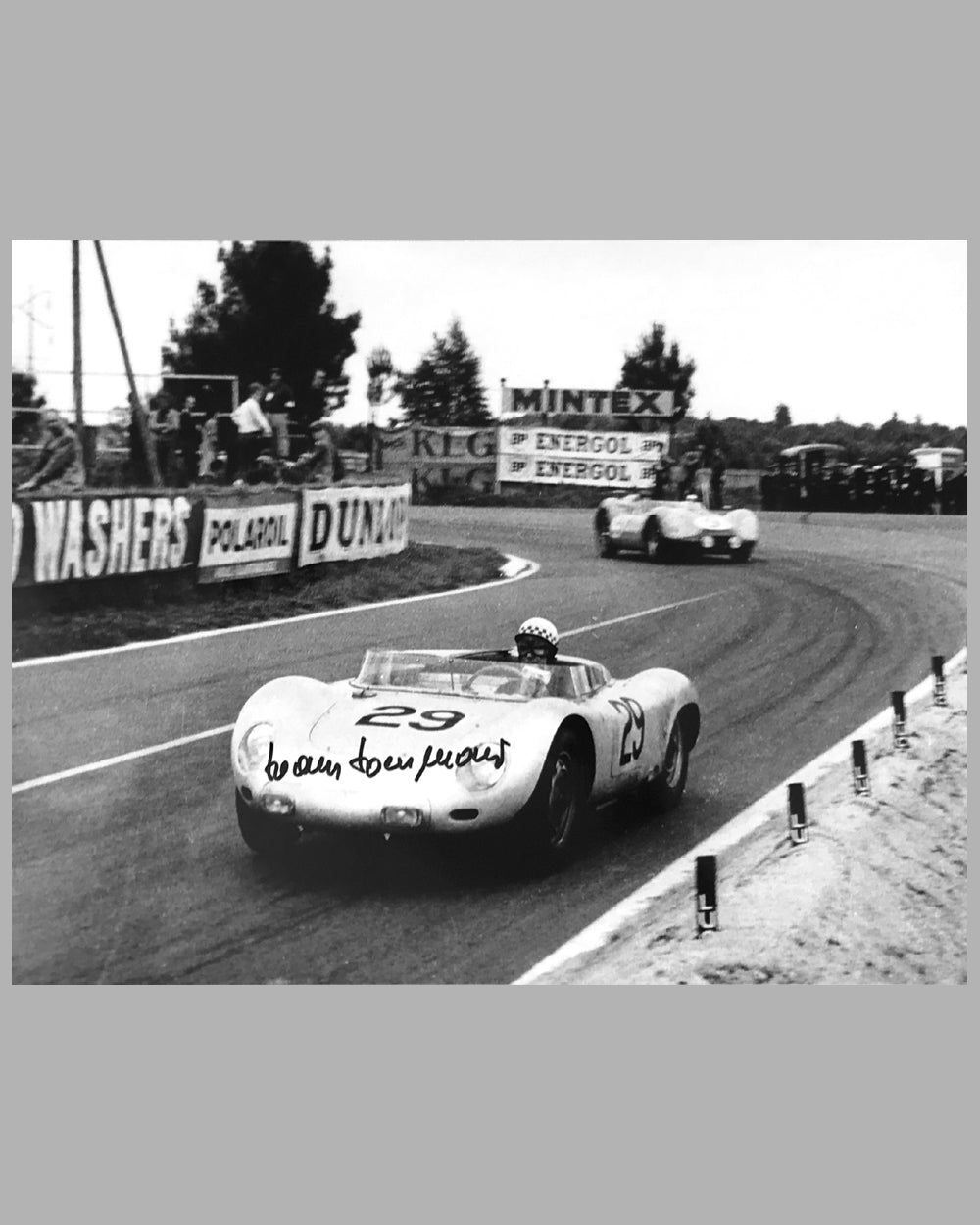 Porsche at Le Mans 1958 b&w photograph autographed by Hans Herrmann