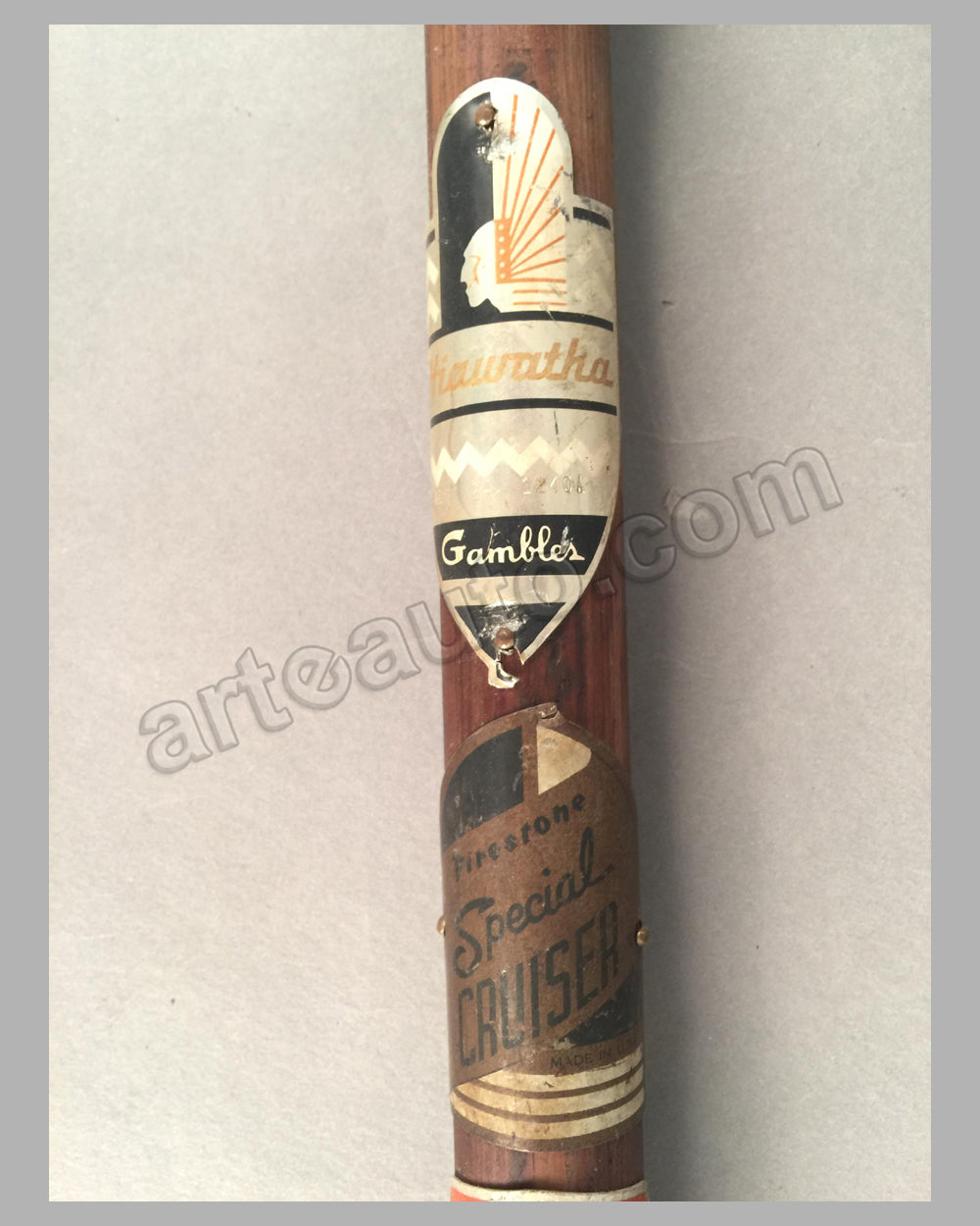 Bicycle Head Badge Collection (Lot of 8) on wooden dowel