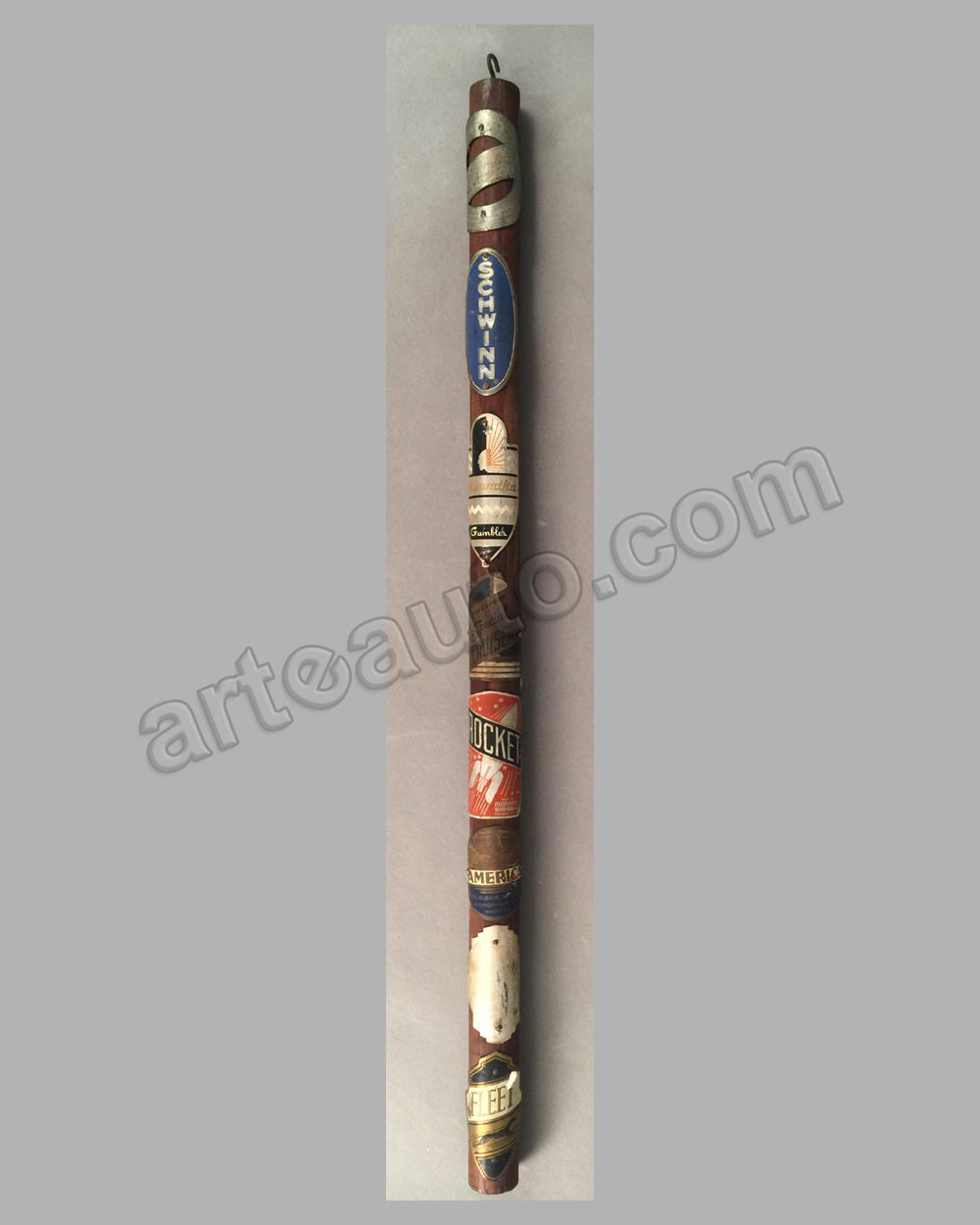 Bicycle Head Badge Collection (Lot of 8) on wooden dowel