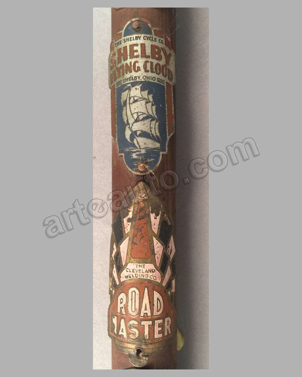 Bicycle Head Badge Collection (Lot of 8) on wooden dowel