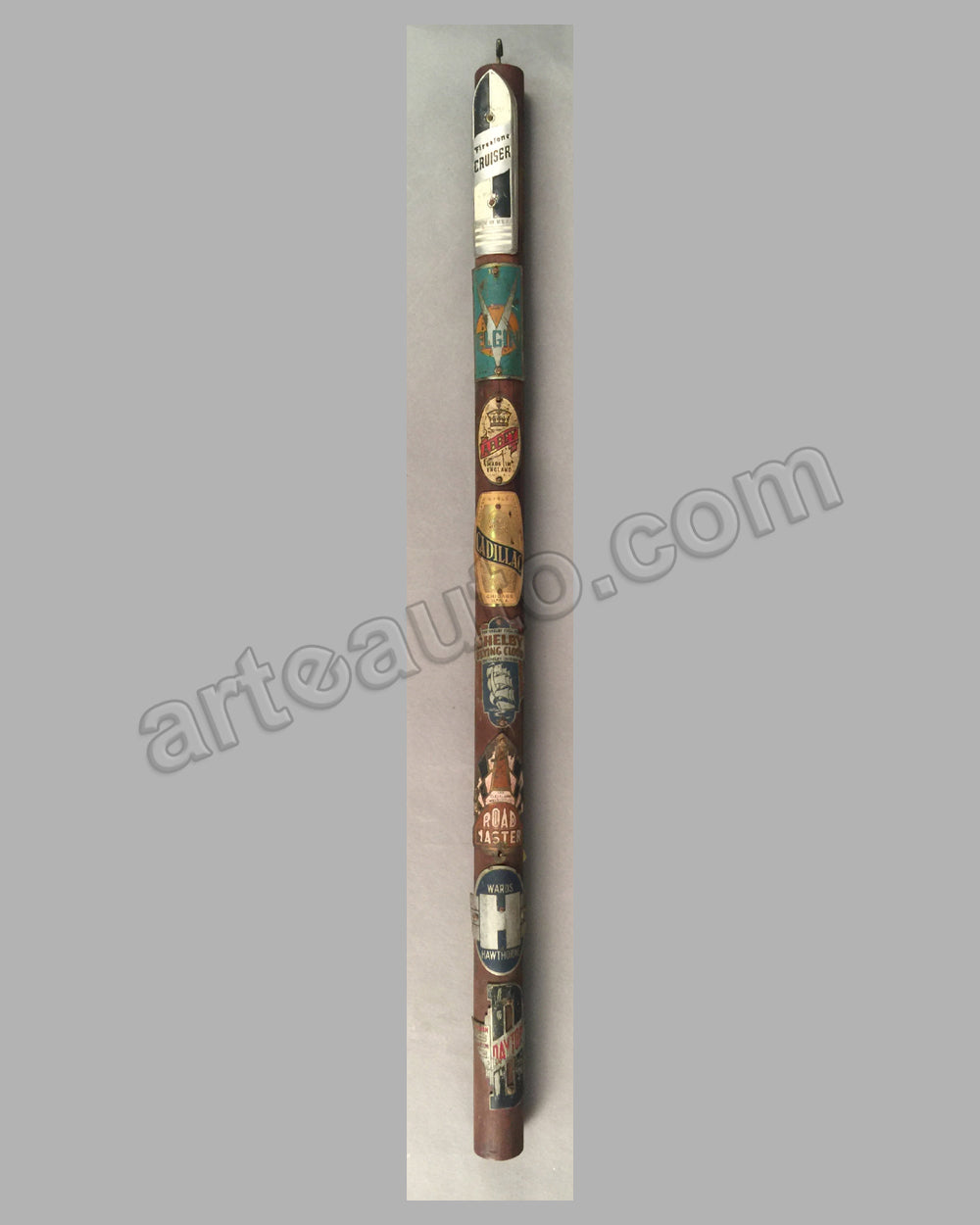 Bicycle Head Badge Collection (Lot of 8) on wooden dowel