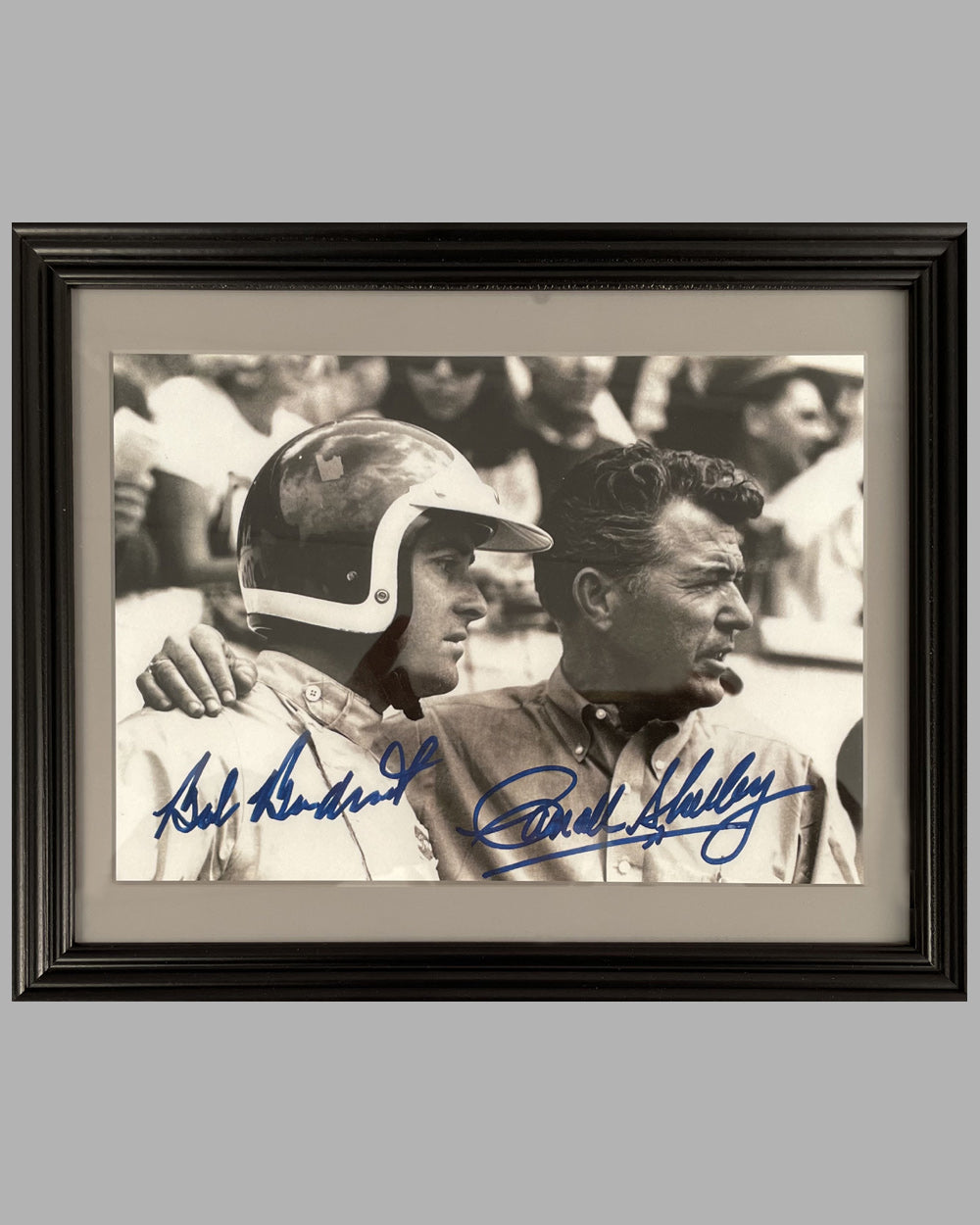 Bob Bondurant and Carroll Shelby b&w photograph with facsimile signatures