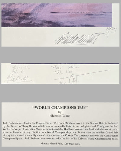 World Champions 1959 print by Nicholas Watts, autographed by Brabham & Cooper 3