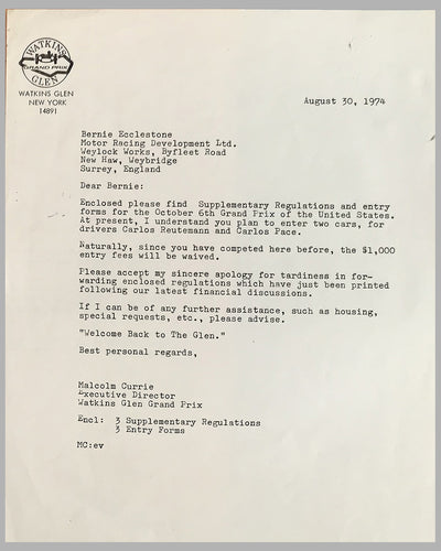Brabham team correspondence with Watkins Glen circuit 2