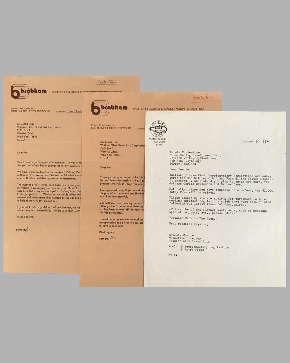 Brabham team correspondence with Watkins Glen circuit