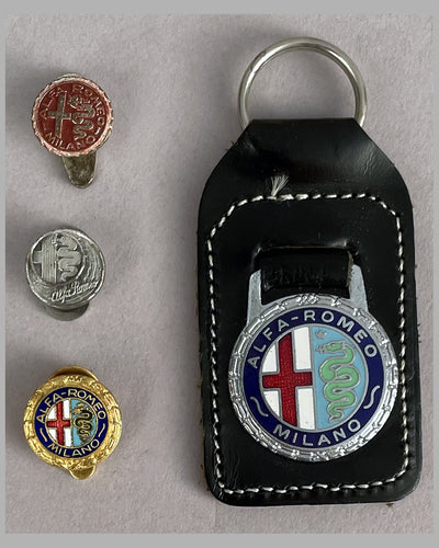 Vintage Alfa Romeo lapel pins and keychain from the personal collection of Briggs Cunningham