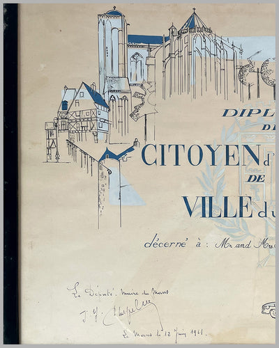 Diplome de Citoyen d’ Honneur de la Ville du Mans presented to Mr. & Mrs. Briggs Cunningham 3
