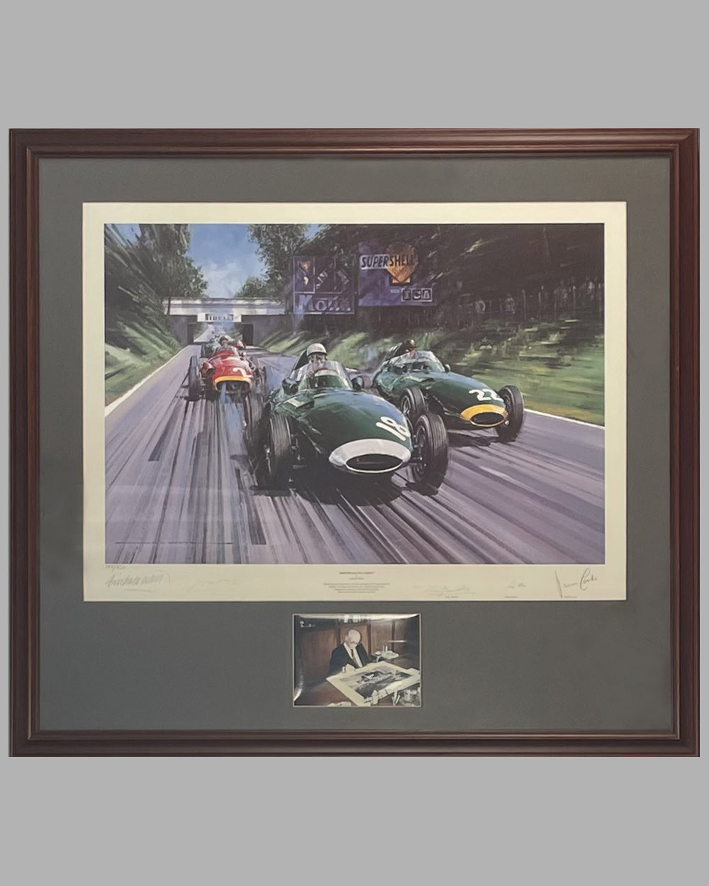 British Racing Green print by Nicholas Watts, autographed by Moss, Fangio &amp; Brooks