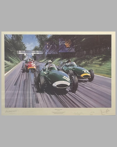 British Racing Green print by Nicholas Watts, autographed by Moss, Fangio & Brooks 2