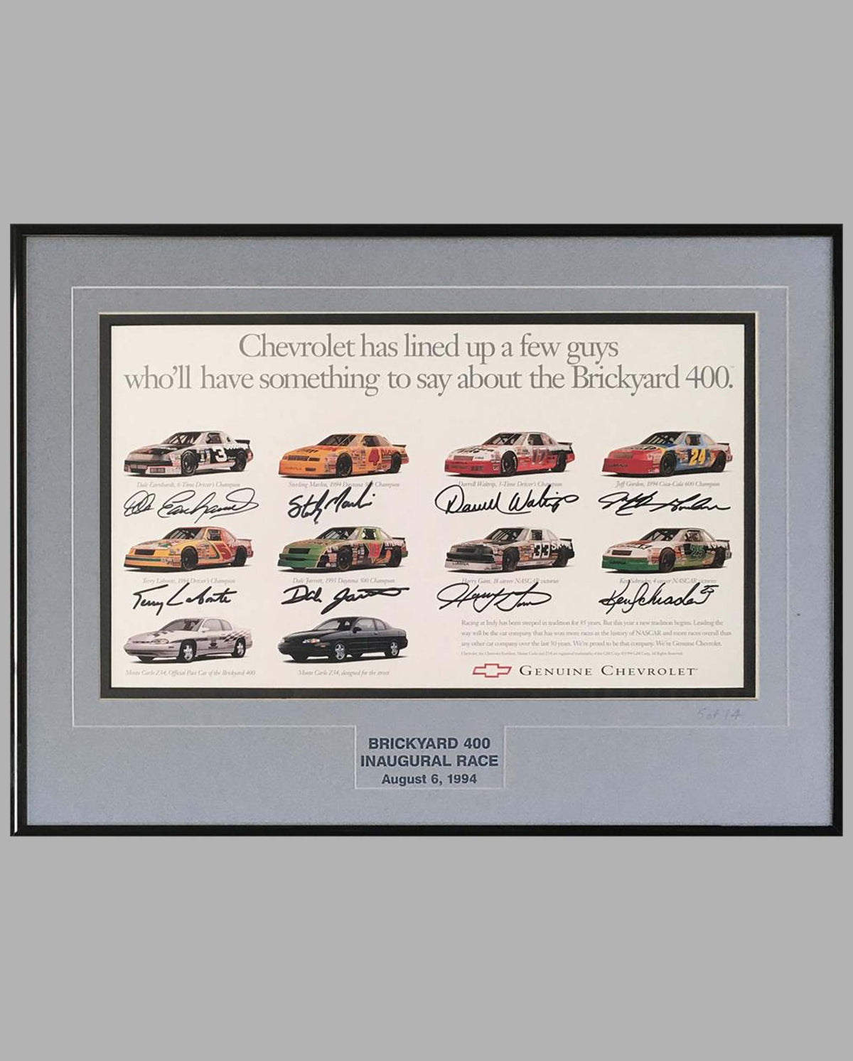 Brickyard 400 inaugural race ad copy, autographed by 8 drivers