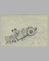 Comical drawing showing 2 friends climbing to the clouds in their little sports car 2