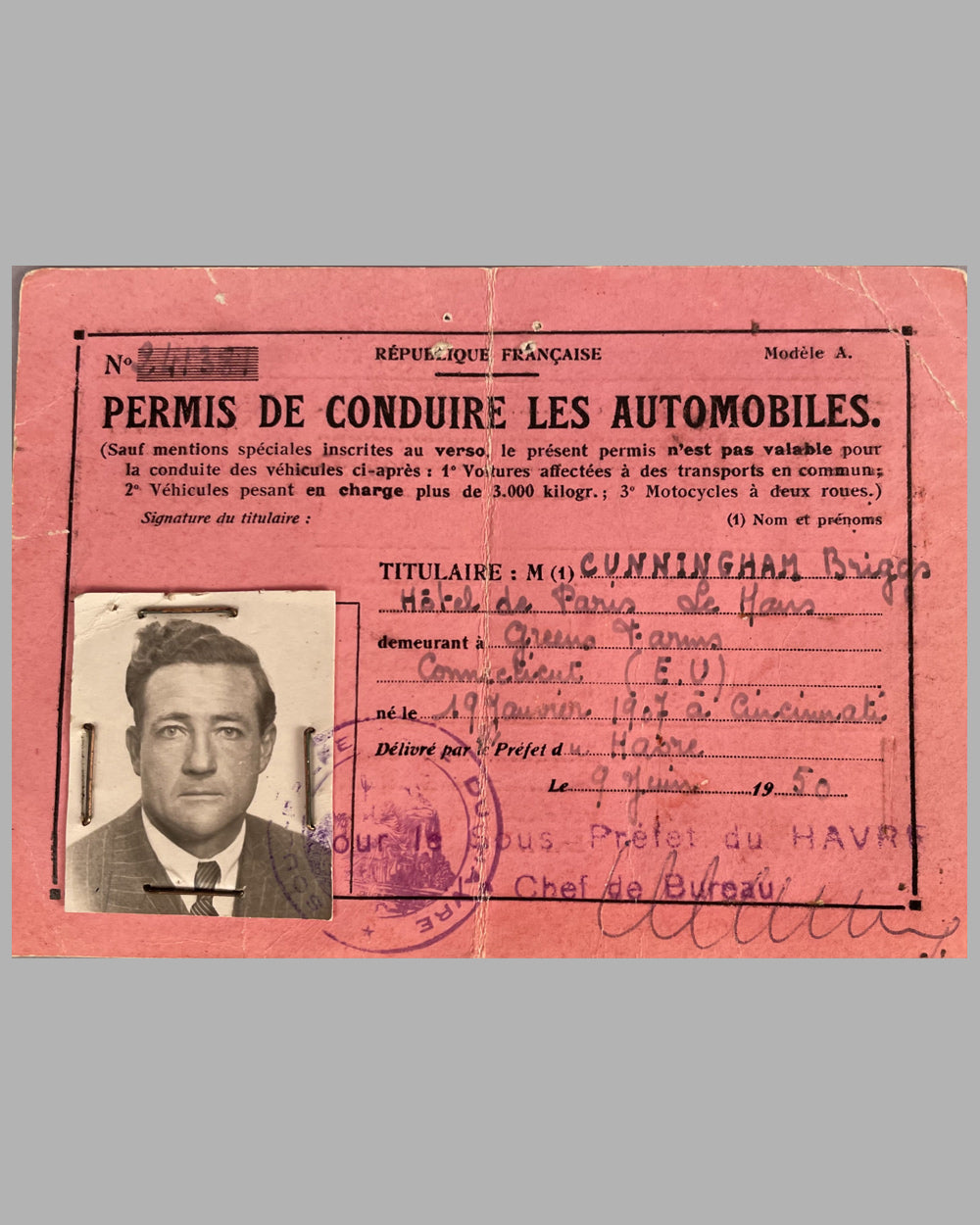 Briggs Cunningham’s French drivers license