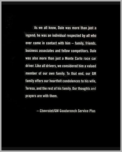 Tribute to Dale Earnhardt Sr. ad produced by Chevrolet / GM Goodwrench 2