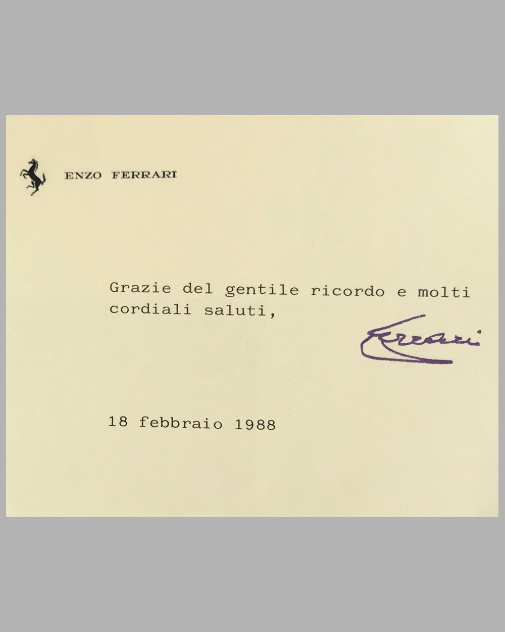 Enzo Ferrari card, signed 2