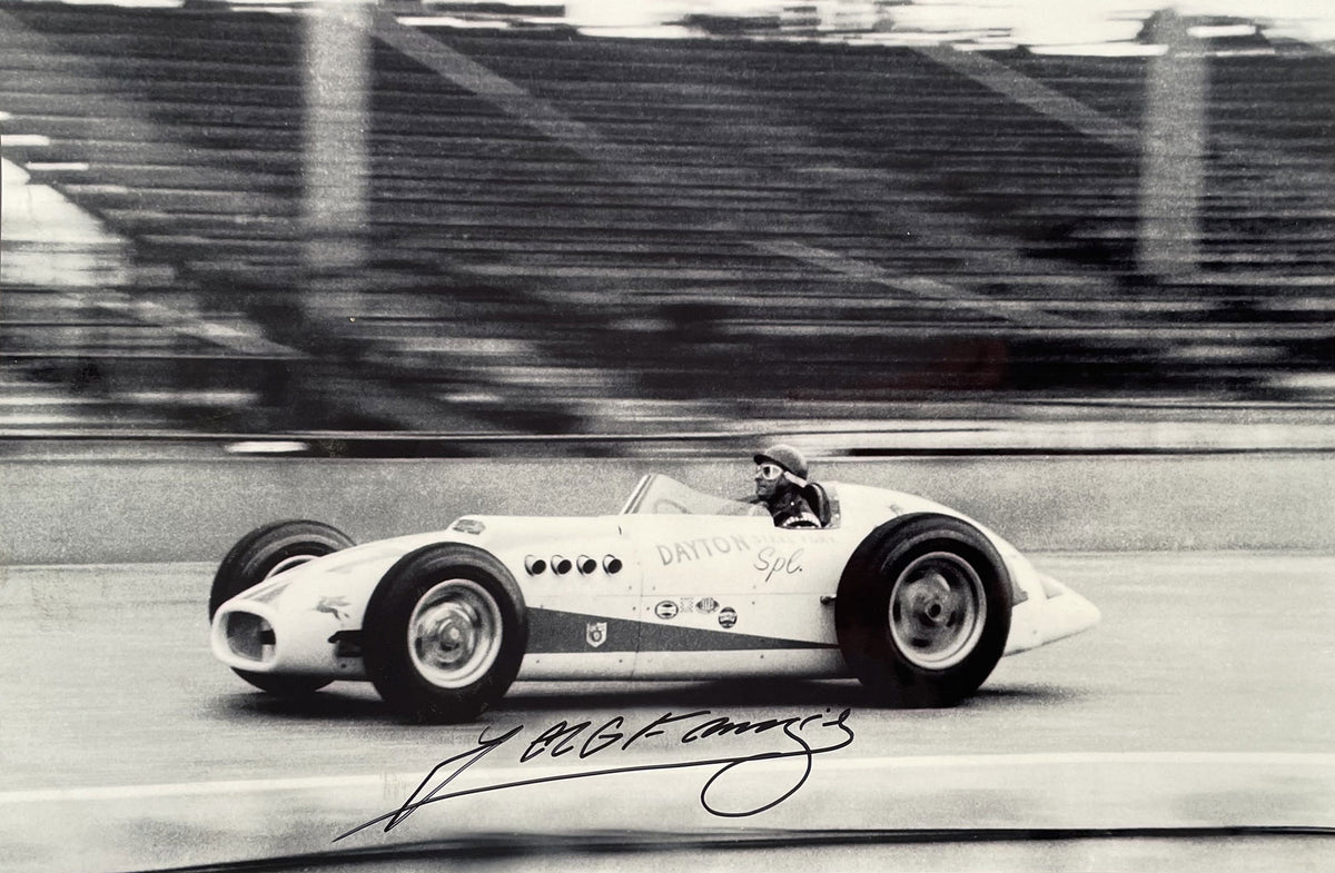 Juan Manuel Fangio 1958 Indianapolis b&amp;w autographed photo