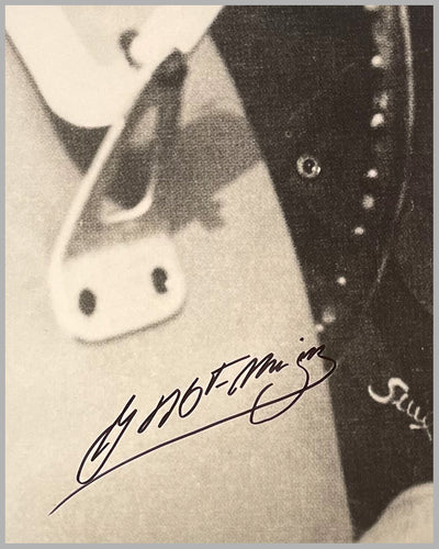 Juan Manuel Fangio portrait b&w autographed photograph