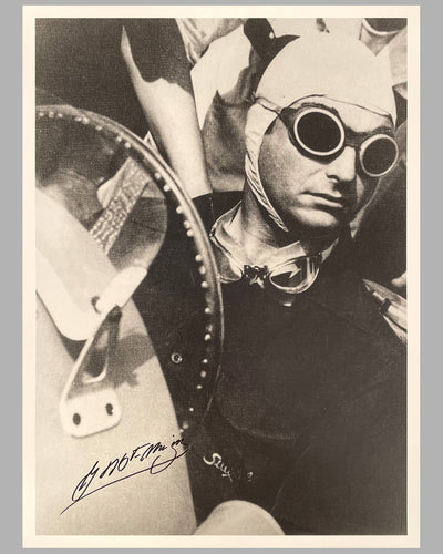 Juan Manuel Fangio portrait b&w autographed photograph