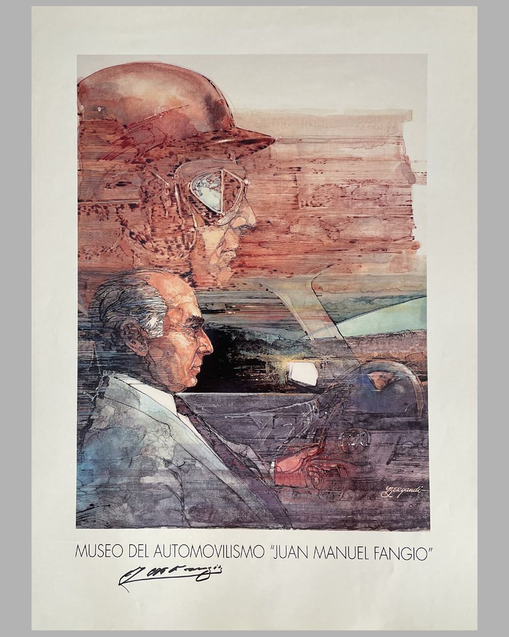 Museo del Automovilismo &quot;Juan Manuel Fangio&quot; poster by Hector Luis Bergandi, autographed by the champion