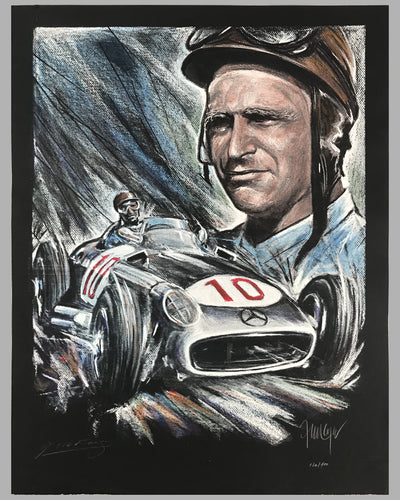 "Fangio in his Mercedes W196" autographed lithograph by Jorge Ferreyra, Argentina