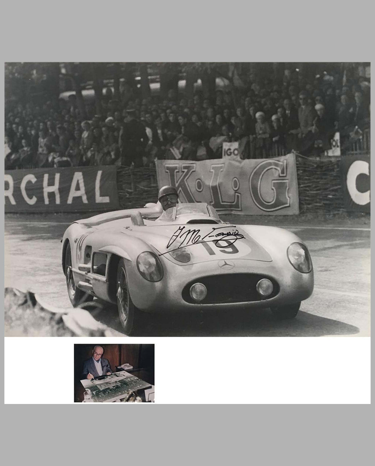 Fangio&#39;s Mercedes 300 SLR, 1955 Le Mans autographed photo