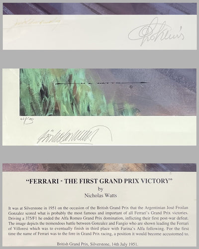 Ferrari - The First Grand Prix Victory print by Nicholas Watts, autographed by Gonzalez and Villoresi 3