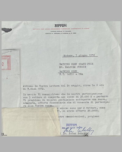 Correspondence between Dr. Peter Schetty at Ferrari Automobile and Malcolm Currie at Watkins Glen race track 2