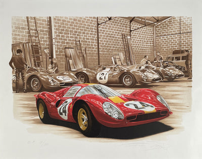 Ferrari garage at 1967 Le Mans print by Francois Bruere