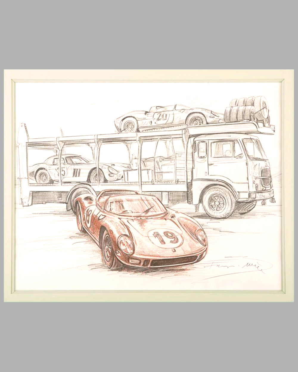 Ferrari 330 P at Le Mans 1964 drawing by François Bruère, France