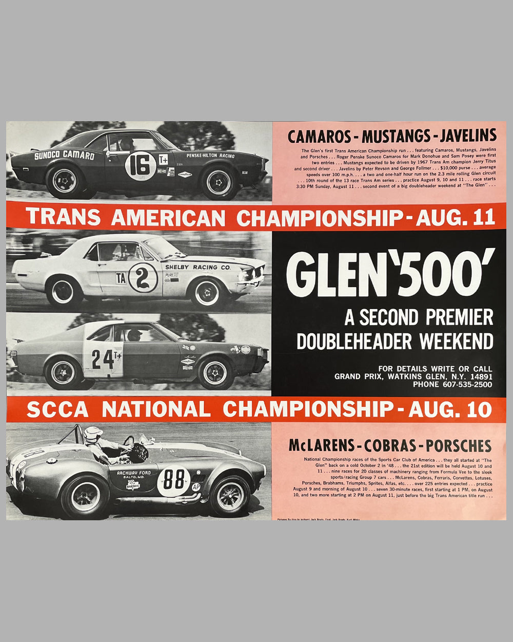 Glen 500 1968 original poster for the Trans Am Championship &amp; SCCA National Championship