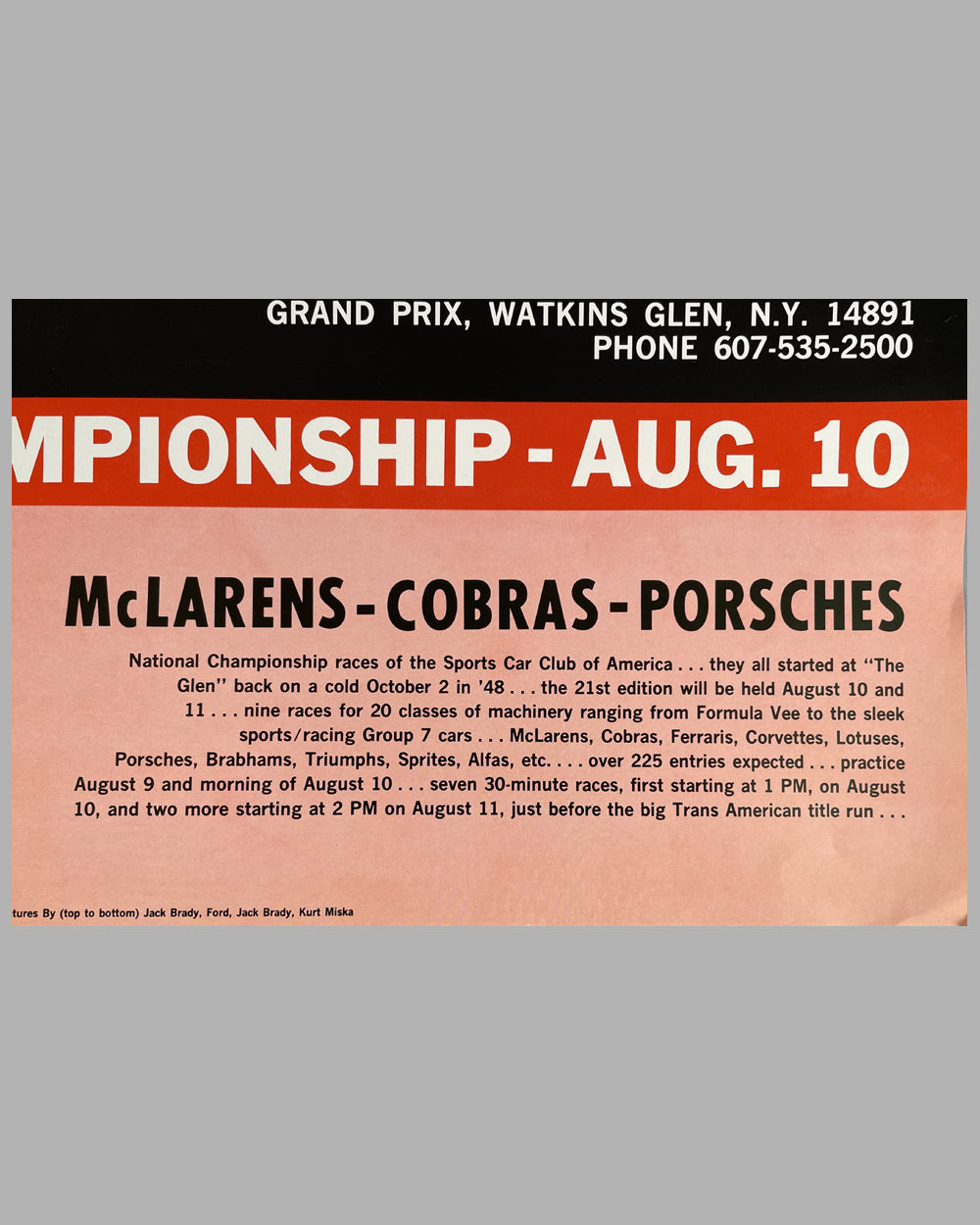Glen 500 1968 original poster for the Trans Am Championship &amp; SCCA National Championship 2