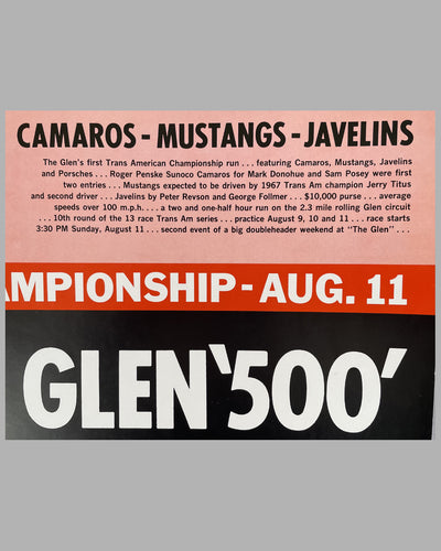 Glen 500 1968 original poster for the Trans Am Championship & SCCA National Championship 3