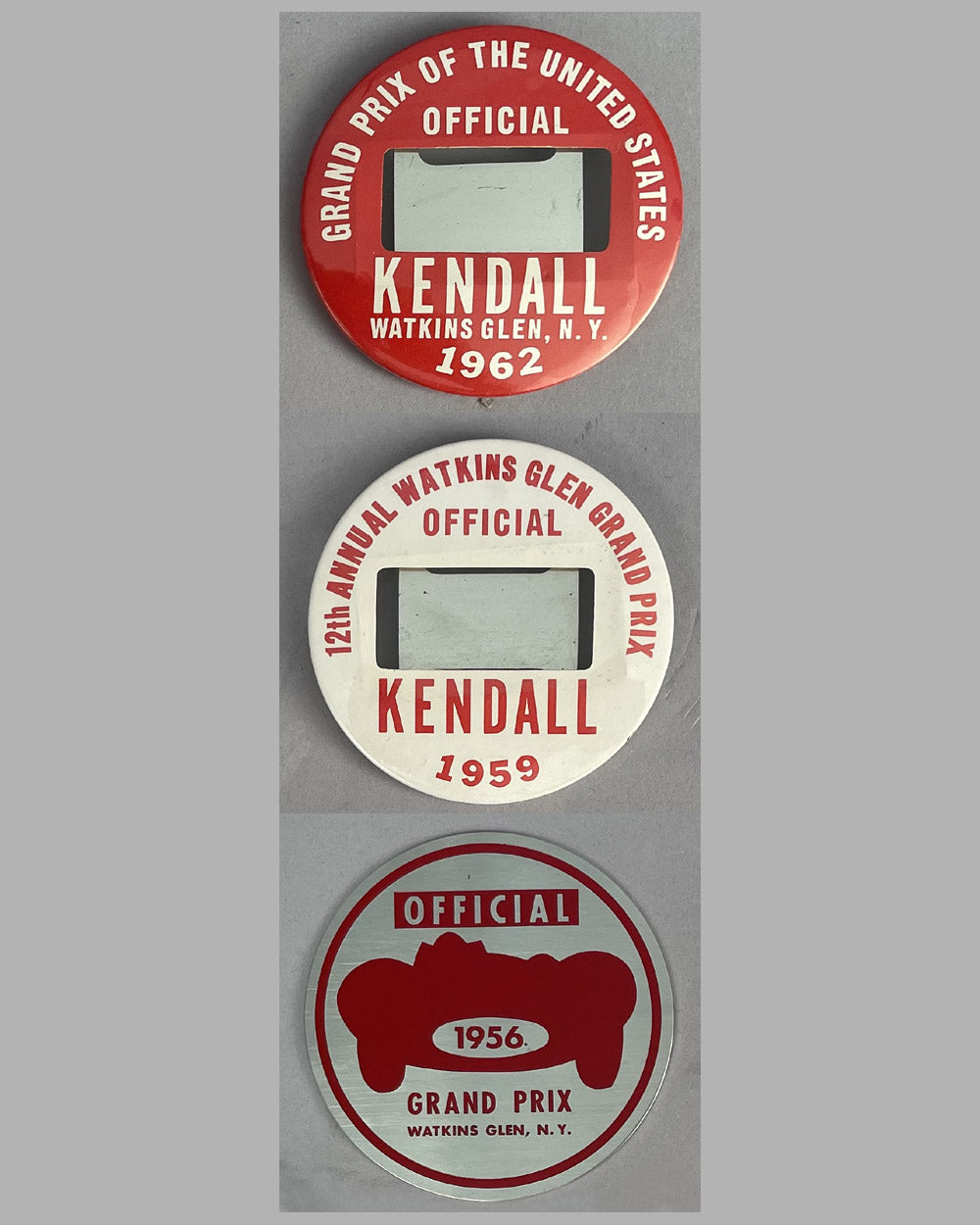 Three buttons / passes for officials at the Grand Prix of the United States in Watkins Glen
