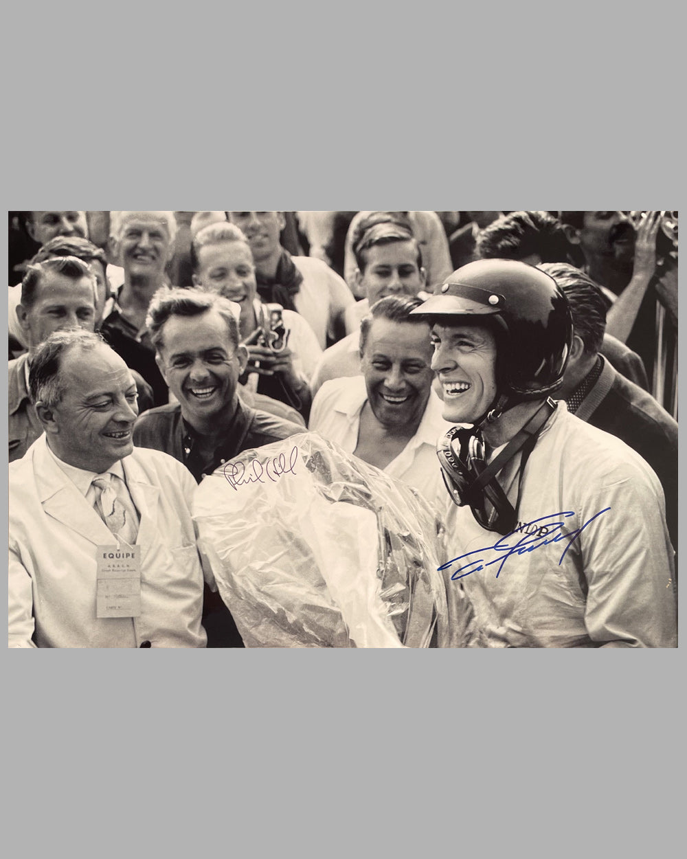 Dan Gurney and Phil Hill autographed b&w photograph