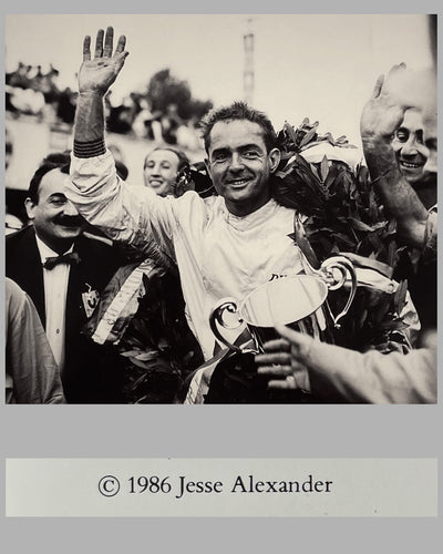Phil Hill at his first Formula 1 Grand Prix win b&w photograph by Jesse Alexander, autographed by Hill 2
