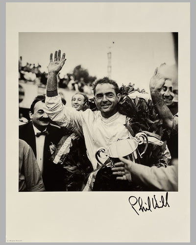 Phil Hill at his first Formula 1 Grand Prix win b&w photograph by Jesse Alexander, autographed by Hill