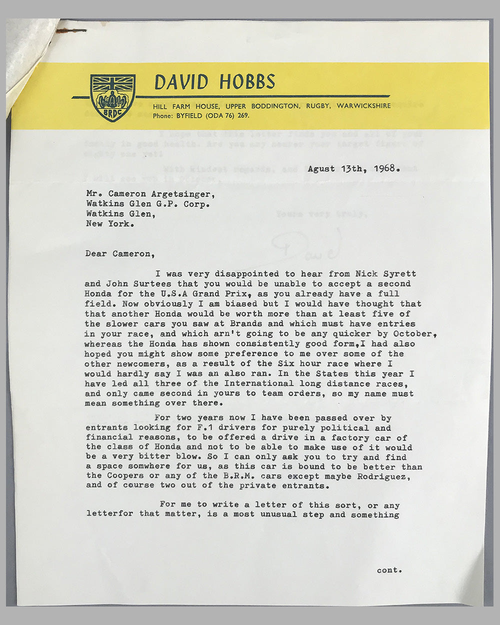 David Hobbs and Watkins Glen race track correspondence